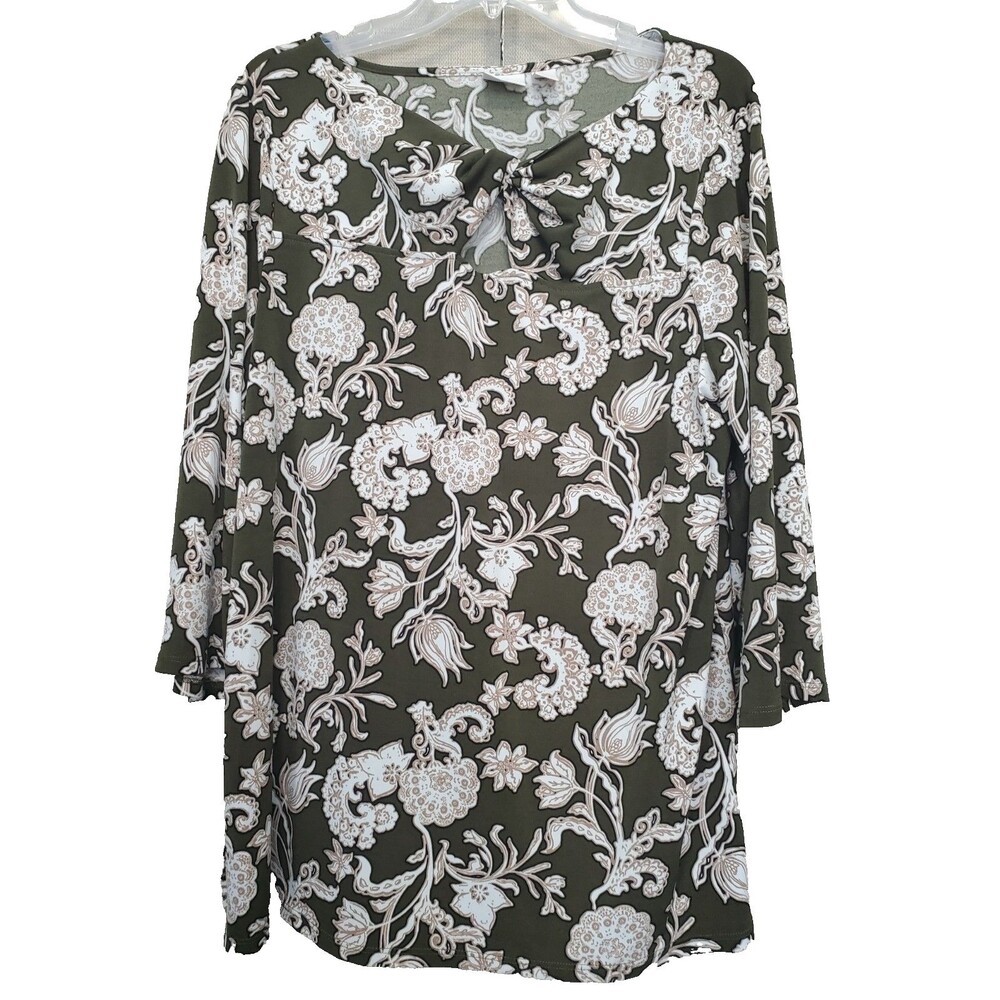 Chico’s Olive Green Floral Print Twist Neck 3/4 Sleeve Stretchy Tunic Size 2 LGE